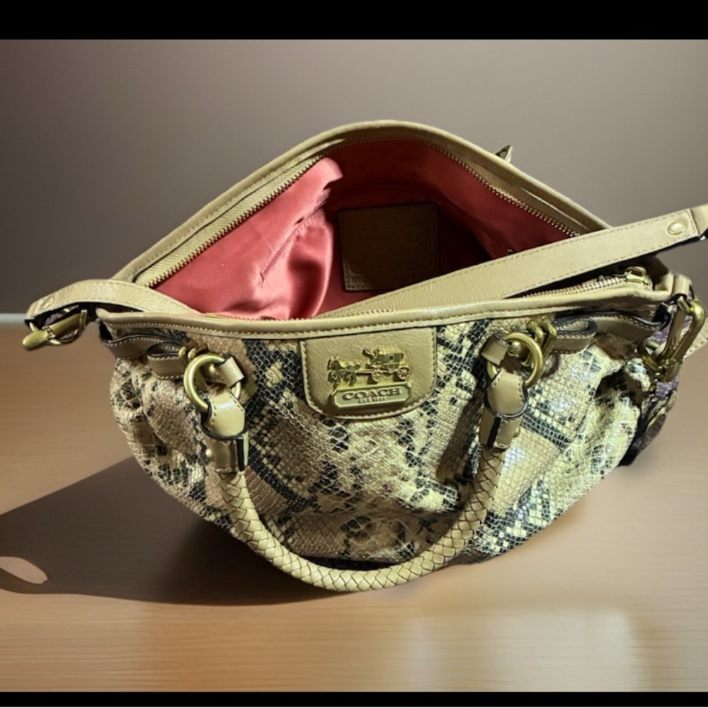 Coach Snake Print Leather Beige & Brown  Shoulder Bag w Detachable Strap - Picture 2 of 8